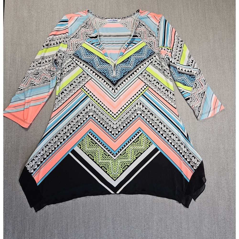Nygard Tunic Women's M White Pink Blue Green Zip Up 3/4 Sleeve Abst Print